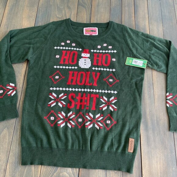 Tipsy Elves Sweater Green Ho Ho Holy S#!T Christmas Party Mens Medium (P8) - Picture 1 of 9